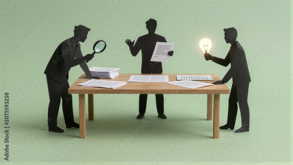 Obraz premium Three paper cutout figures around a table, one holding magnifying glass, another with lightbulb.