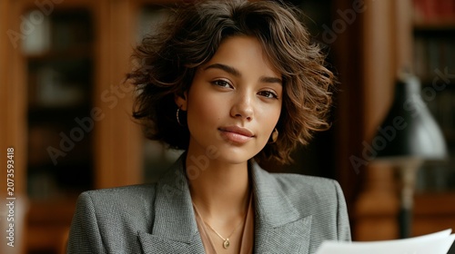 Courtroom scene featuring a businesswoman examining real estate auction documents with focused professionalism.