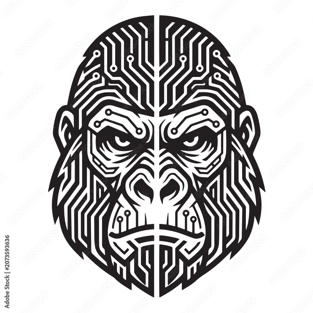 Fototapeta premium Cybernetic Gorilla Head Vector Illustration with Circuit Board Patterns Tech Design Graphic