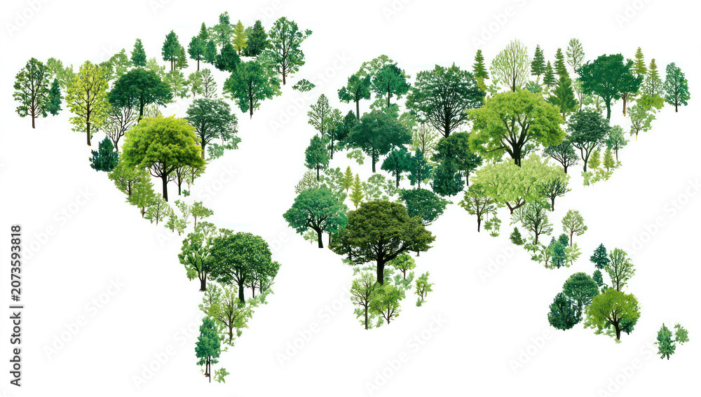 Fototapeta premium This image shows a world map formed by various green trees and plants, representing nature and the environment.
