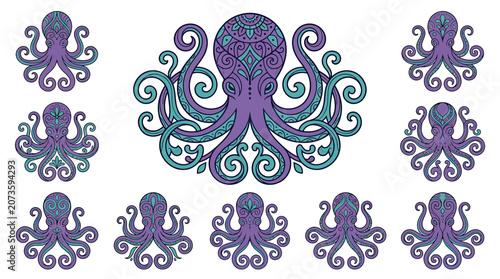 Ornate Octopus Illustration - Mandala Style, Purple and Teal