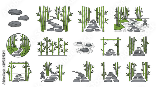 Foto Japanese Garden Elements: Bamboo, Stepping Stones, and Torii Gates Illustration