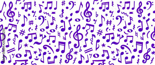 Seamless Pattern of Purple Music Notes and Symbols on White Background
