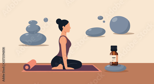 Canvas Print A woman practices a peaceful yoga pose on her mat, surrounded by zen stones and an aromatherapy essential oil bottle in a calm room