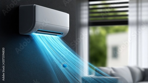 Wall-mounted air conditioner unit cooling a living room with blue airflow visualization
