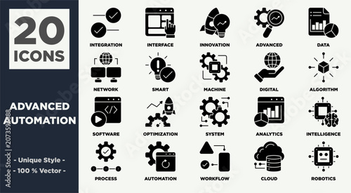 20 Advanced Automation Icon Set Glyph Solid Black