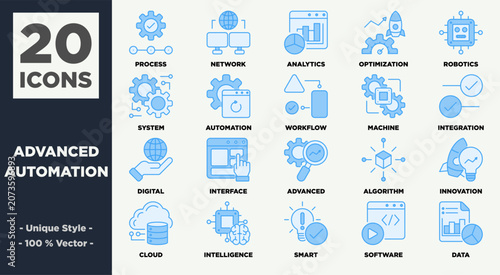 20 Advanced Automation Icon Set Outline Filled Blue
