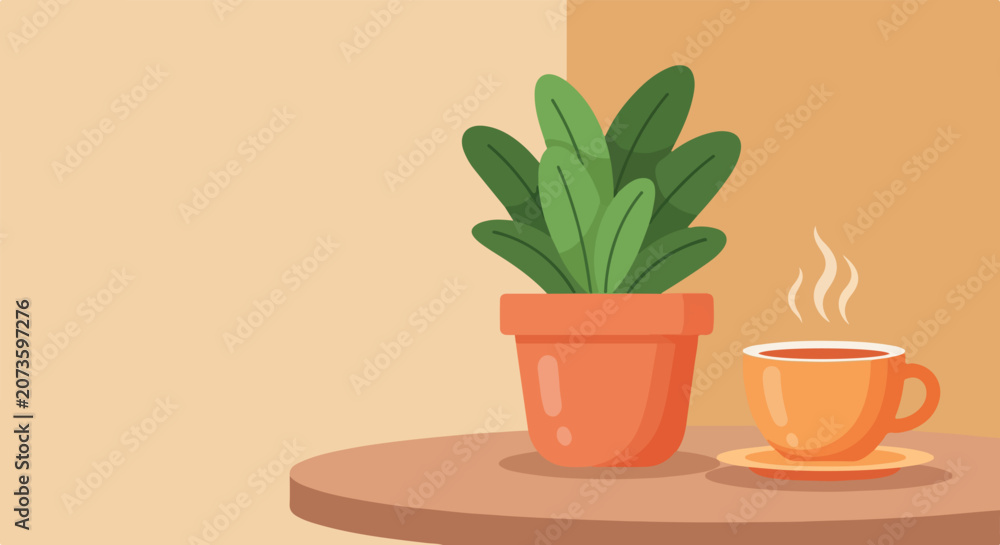 Fototapeta premium A vector illustration featuring a lush green potted plant sitting next to a steaming orange cup of hot tea or coffee on a wooden table.