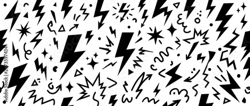Seamless Pattern of Black Lightning Bolts and Abstract Shapes on White Background