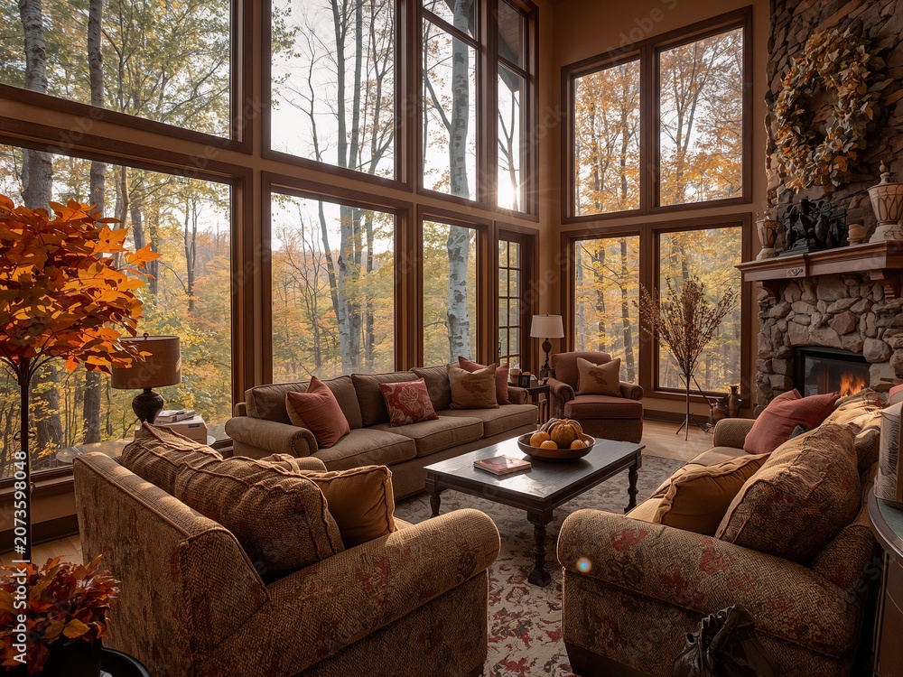 Fototapeta premium Cozy Living Room with Large Floor to Ceiling Windows Showing Autumn Forest Scene