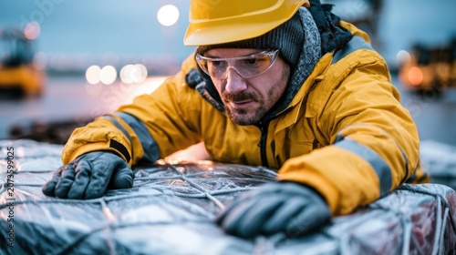 Cargo handler in yellow high-visibility jacket and hard hat securing a strapped pallet