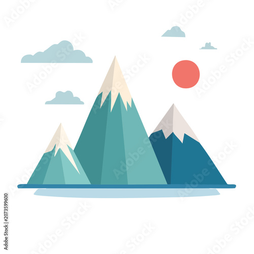 Flat illustration of mountain range with sun and clouds