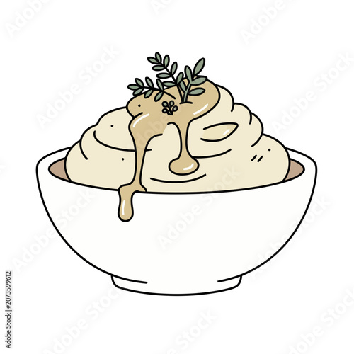Flat illustration of mashed potatoes in a bowl with gravy
