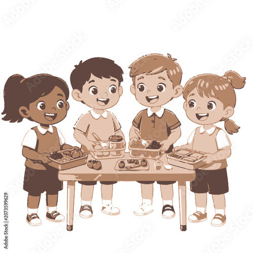 Four children eating lunch together at a table