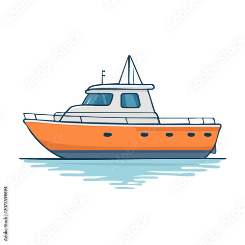 Orange motorboat with cabin and mast vector illustration