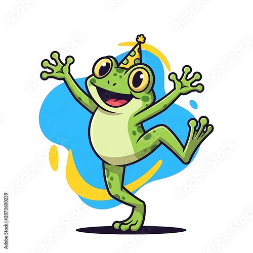 Cheerful green frog wearing a polka dot party hat dances with joy in a vibrant cartoon style illustration featuring bold lines and bright colors on a simple abstract blue background.