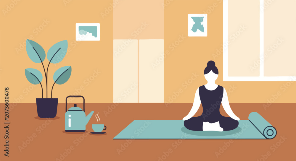 Fototapeta premium A woman practices yoga in lotus pose on a mat at home, surrounded by a serene atmosphere with a teapot, a cup of tea, and a green potted plant.