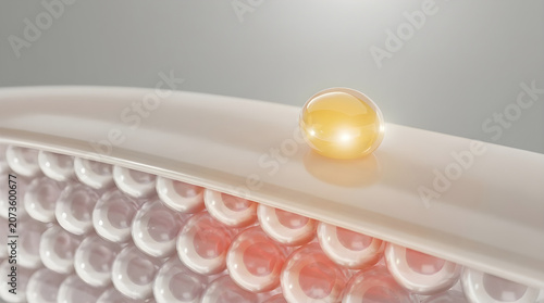 A highly concentrated golden cream globule rests smoothly on the defensive epidermal tissue barrier. 3D rendering.