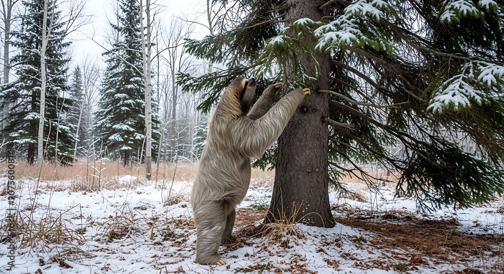 Naklejka premium Sloth reaching for branches in a snow covered pine forest