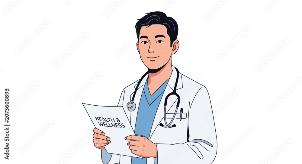 Fototapeta premium Flat illustration of a friendly male doctor in a white coat, holding a paper titled