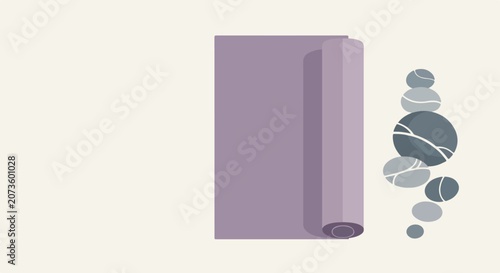 Canvas Print A flat vector illustration featuring a partially unrolled purple yoga mat next to a balanced stack of smooth, grey zen stones on a light background
