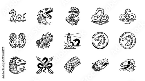 Εκτύπωση καμβά Mythical Sea Creatures and Nautical Icons Collection: Dragons, Kraken, Loch Ness
