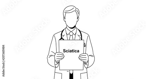 Cuadro en lienzo A line art illustration of a doctor holding a sign that says Sciatica, representing medical consultation, diagnosis, and healthcare awareness regarding nerve pain and spinal conditions