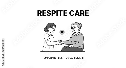 Tableau sur toile A line art illustration of a caregiver holding hands with an elderly person, representing respite care, professional assistance, compassion, and temporary relief for family caregivers