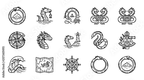 Fotografie Nautical Fantasy Icons: Sea Monsters, Maps, Compasses, Lighthouses, Ouroboros