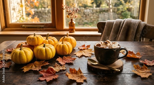 Cozy Autumn Table Setting with Mini Pumpkins and Hot Cocoa for Fall Season