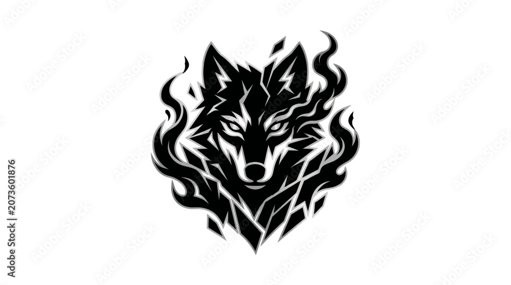 Fototapeta premium Black wolf head with flames illustration.