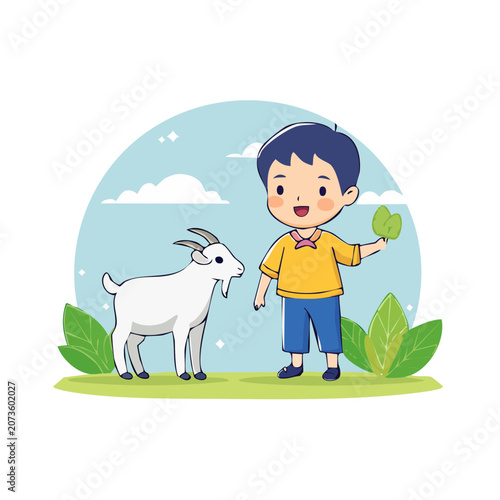 Boy with Goat in Flat Illustration Style