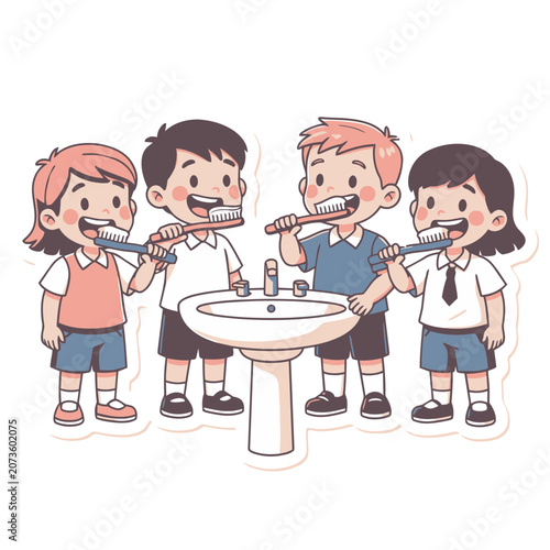 Cartoon children brushing teeth at a sink