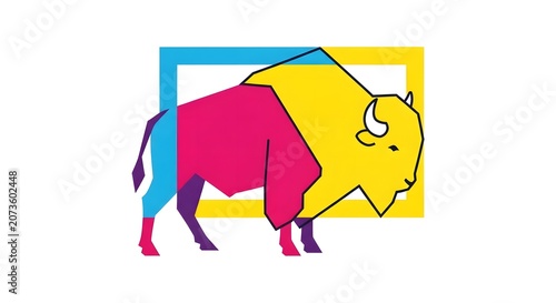 Colorful geometric bison illustration with vibrant overlapping shapes