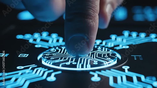 Finger touching glowing digital circuit board interface for security. 4K Video