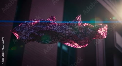 Floating floral fabric in urban setting with dramatic lighting