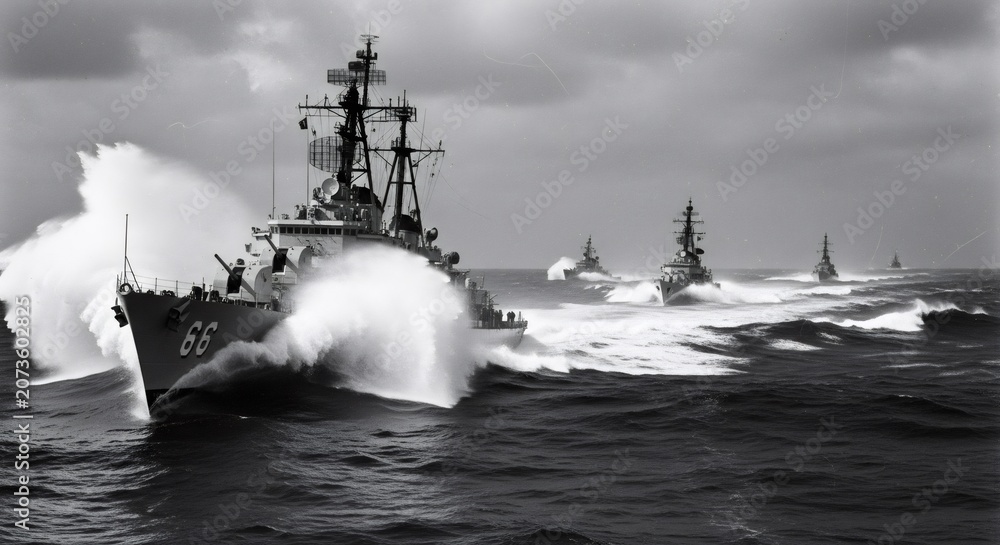 Fototapeta premium Destroyer warship sailing through rough ocean waves. Navy fleet in formation during military operation. Maritime defense and security patrol mission. Powerful naval vessel at stormy sea.