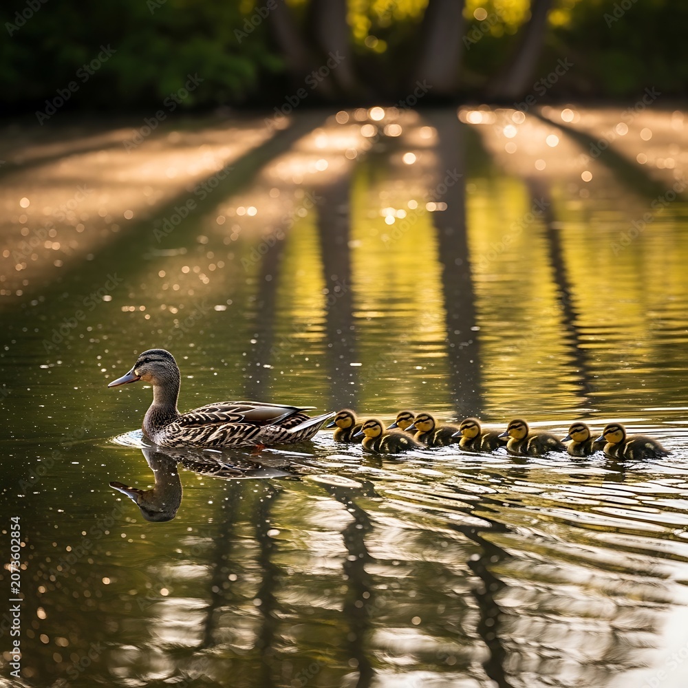 Fototapeta premium Mother duck leading ducklings in a row on a golden pond