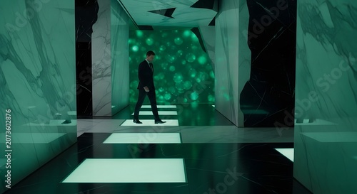 Man Walking in Futuristic Green Lit Corridor with Geometric Design
