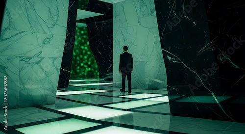 Man in futuristic marble hallway with glowing green lights