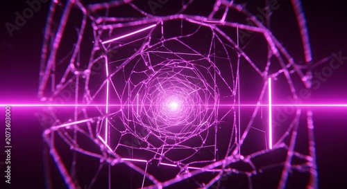 Abstract digital tunnel with glowing pink neon lights