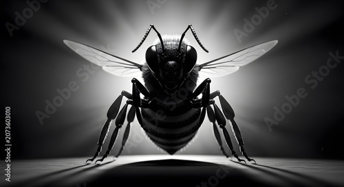 Black and white silhouette of a bee with dramatic lighting