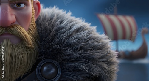 Animated Viking warrior with ship in the background at sea