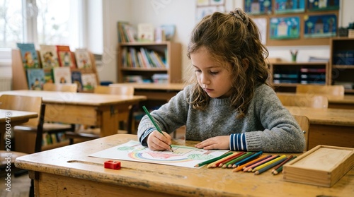 Young girl drawing a picture with colored pencils in a classroom