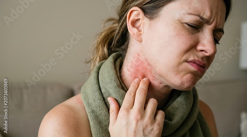 Woman with rash on neck and face experiencing discomfort.