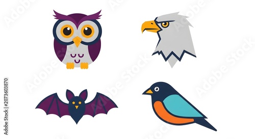 Colorful cartoon illustrations of various birds and a bat