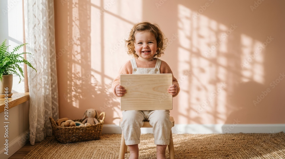 Fototapeta premium Toddler sits on a small chair holding a blank wooden plank in a sunlit room.