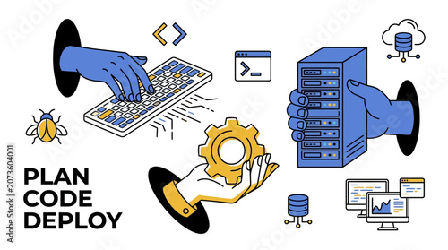 Foto A person plans and deploys code on a computer with a server and gear