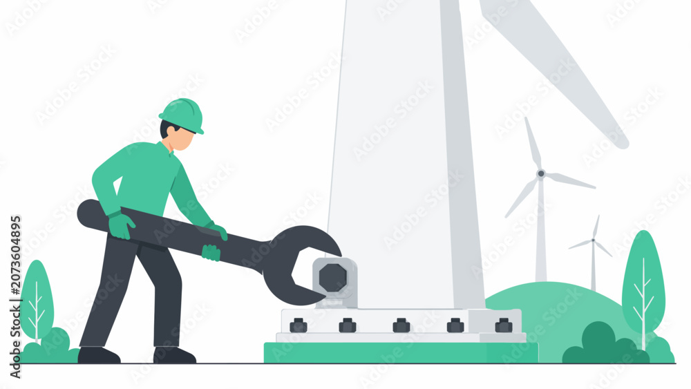Naklejka premium Illustration of a technician performing maintenance on a large wind turbine structure using a giant wrench
