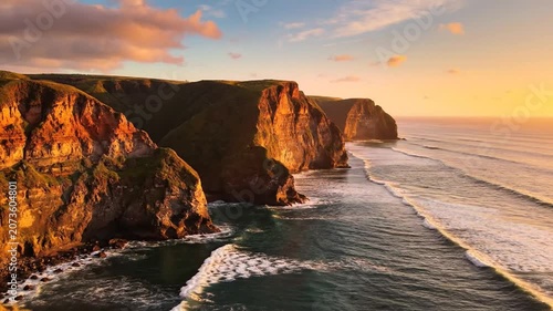 Static Wide Shot of Steep Sea Cliffs At Golden Hour